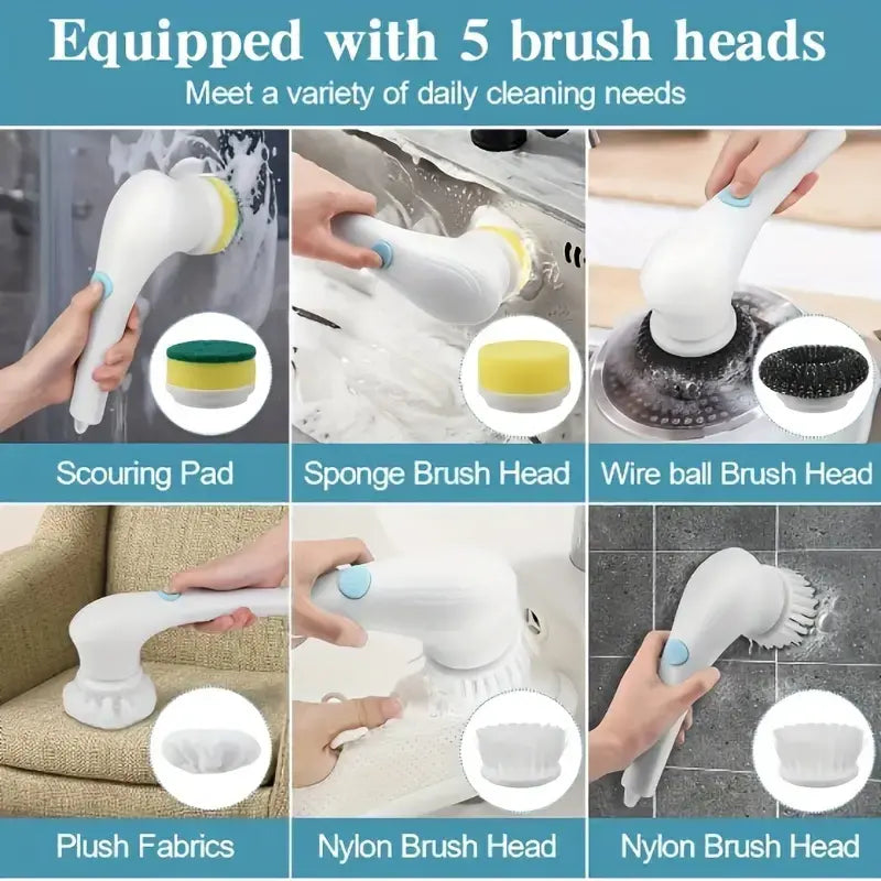 Ultimate 5-In-1 Multifunctional Electric Cleaning Scrubber - 5 Replaceable Brush Heads, USB Rechargeable, Portable Spin Cleaner for Kitchen/Bathroom/Window/Sink/Dish