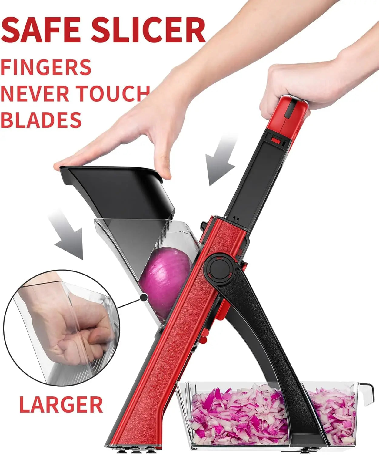 Safe Mandoline Slicer for Kitchen - Larger Size, Adjustable Vegetable Chopper, Potato French Fry Cutter, Detachable Kitchen Utensil with Peeler