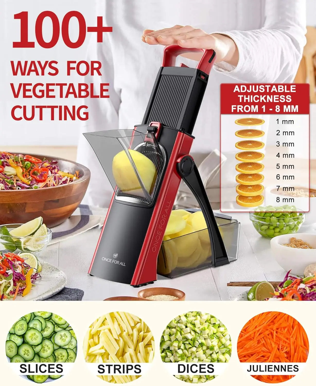 Safe Mandoline Slicer for Kitchen - Larger Size, Adjustable Vegetable Chopper, Potato French Fry Cutter, Detachable Kitchen Utensil with Peeler